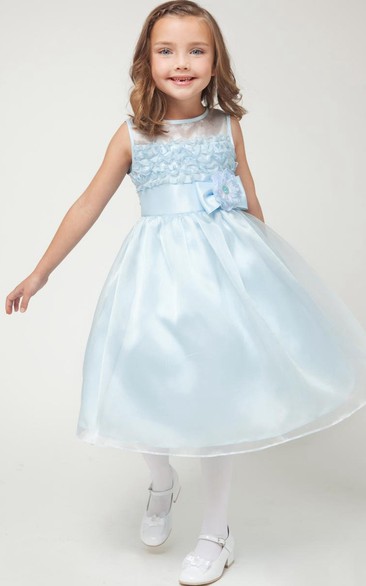 Tea-Length Sleeveless Bowed Organza&Satin Flower Girl Dress