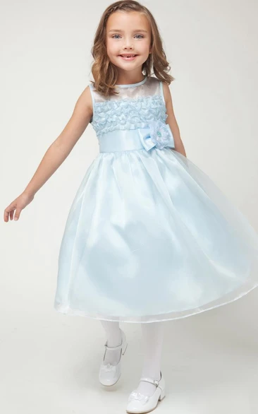 Tea-Length Sleeveless Bowed Organza&Satin Flower Girl Dress