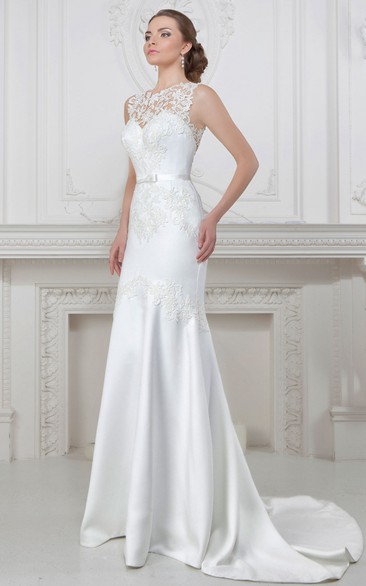 Sheath Appliqued Sleeveless Maxi Jewel-Neck Satin Wedding Dress With Bow