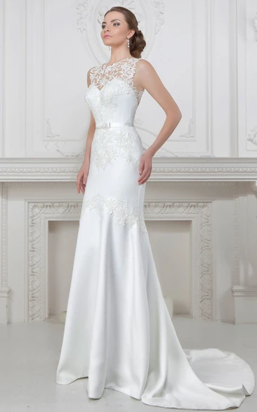 Sheath Appliqued Sleeveless Maxi Jewel-Neck Satin Wedding Dress With Bow