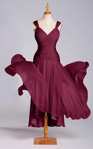 Modern V-neck A-line Ruched Chiffon Dress