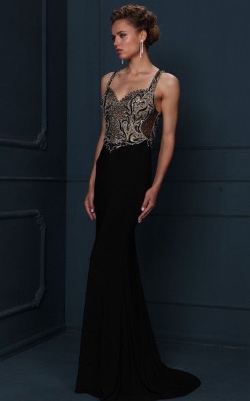 Long Beaded Jersey Evening Dress With Sweep Train And Straps