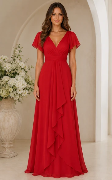 Red V-neck Ruffle A-Line Chiffon Bridesmaid Dress
