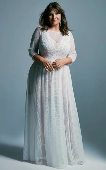 Bateau-neck Illusion Long Sleeve Tulle Pleated Plus Size Wedding Dress