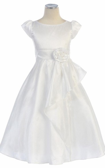 Tea-Length Split Tiered Floral Taffeta Flower Girl Dress With Ribbon