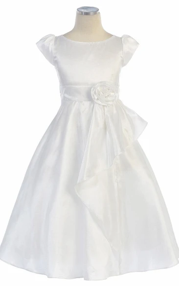 Tea-Length Split Tiered Floral Taffeta Flower Girl Dress With Ribbon