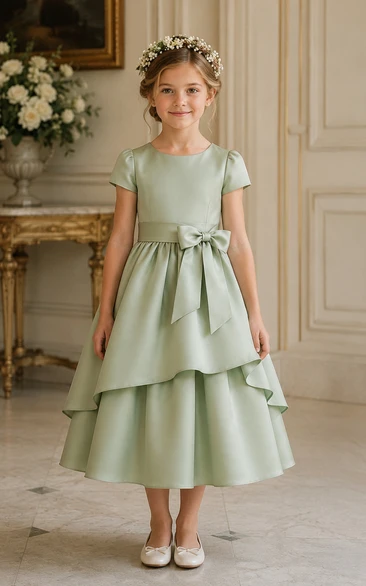 A-line Tea-length Cap Sleeve Satin Flower Girl Dress with Sage satin two-tier skirt with side bow