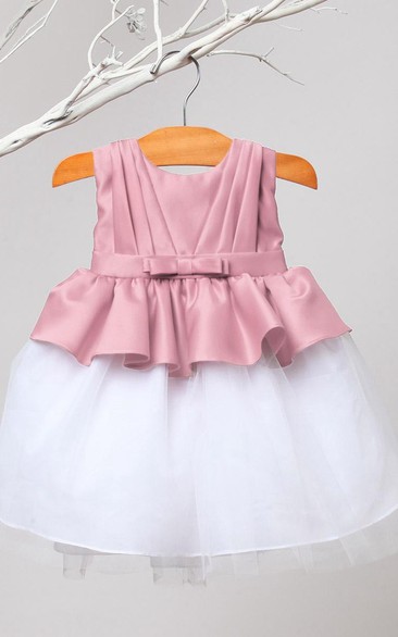 Peplum Knee-Length Pleated Tiered Tulle&Satin Flower Girl Dress With Sash