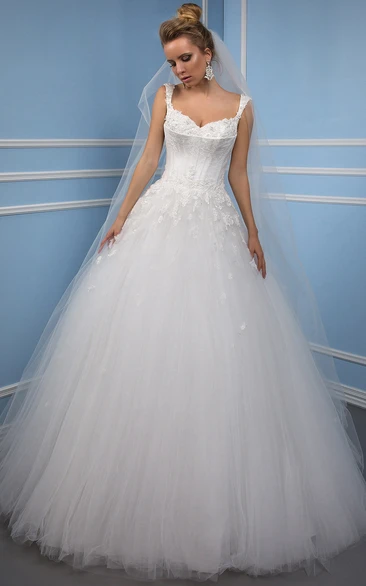 Ball-Gown V-Neck Appliqued Floor-Length Sleeveless Tulle Wedding Dress With Low-V Back