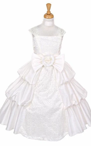 Ankle-Length Bowed Floral Lace&Taffeta Flower Girl Dress With Sash