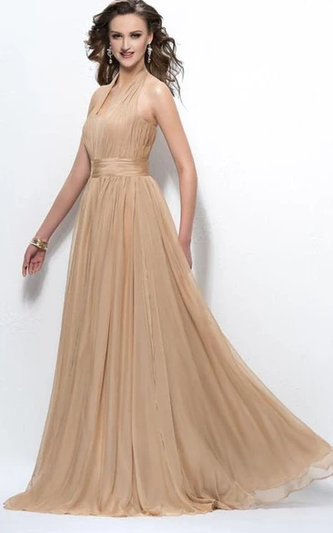 Elegant Charming Halter Beading Zipper-Up V-Neck A-Line Floor Length Prom Dress