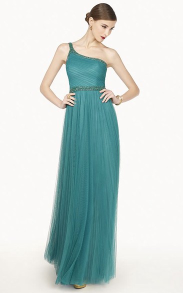 Single Strap A-Line Tulle Long Prom Dress With Beaded Neckline And Waist
