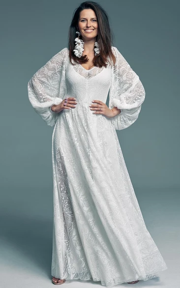 Flowy Chiffon Elegant Puff Long Sleeve Empire Plus Size V Back Wedding Dress