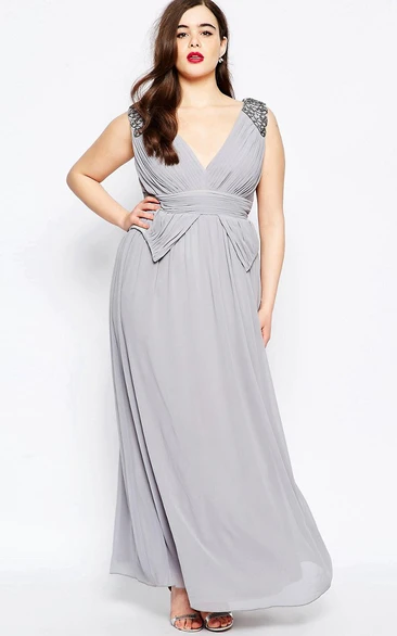 A-Line V-Neck Long Beaded Sleeveless Chiffon Bridesmaid Dress With Ruching