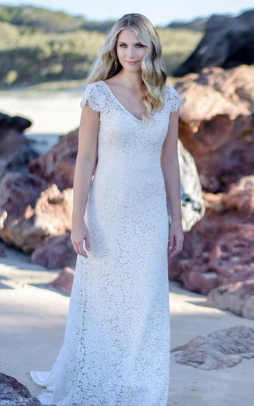 Modest Sheath V-neck Lace Floor-length Low-V Back Wedding Dress