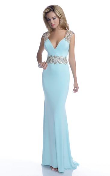 V-Neck Chiffon Mermaid Illusion Back Sleeveless Prom Dress With Sequined Straps And Belt