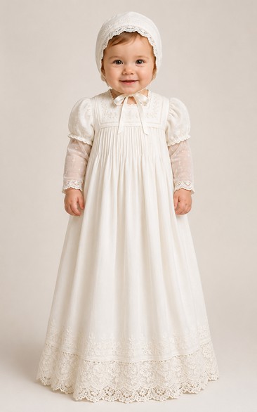 Baby Christening Gown Vintage Modest A-Line Long Sleeve Cotton Lace Floor-Length with Bonnet in Ivory