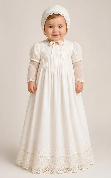Baby Christening Gown Vintage Modest A-Line Long Sleeve Cotton Lace Floor-Length with Bonnet in Ivory