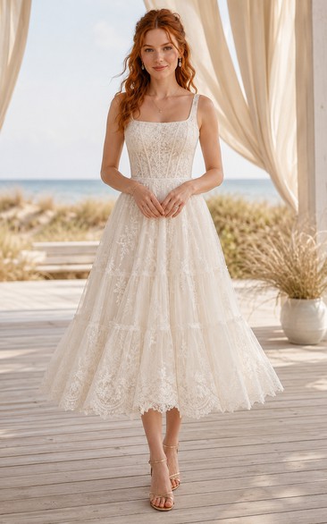 Robe de mariée en tulle mi-longue à encolure carrée, bretelles larges et superposition de dentelle
