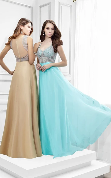 Strapped Sleeveless Beaded Chiffon Prom Dress With Illusion Back