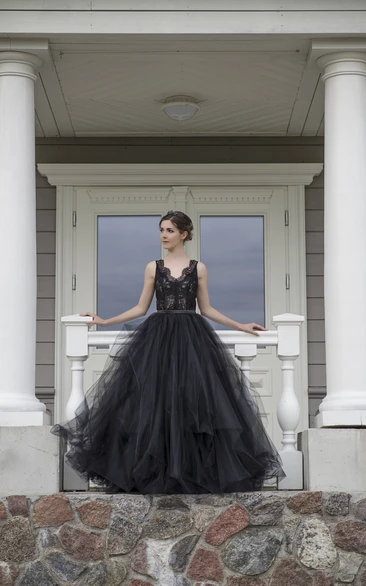 A-Line  Black Wedding Dress Straps Sleeveless Low-V Back Lace Ruffles Sash/Ribbon