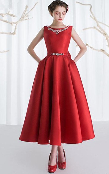 A-Line Bateau Beading Bowknot Ankle-Length Prom Dress