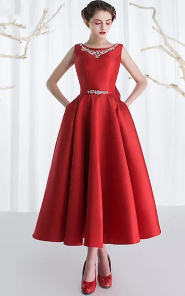 A-Line Bateau Beading Bowknot Ankle-Length Prom Dress