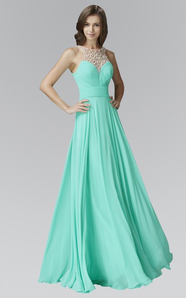 A-Line Scoop-Neck Sleeveless Chiffon Deep-V Back Dress With Beading And Pleats