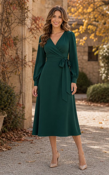 Dark Green Long Sleeve V-neck Wrap Midi Dress