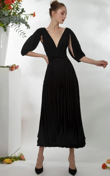 Sexy Chiffon Plunging Neckline Half Sleeve Ruching Cocktail Dress With Low-V Back