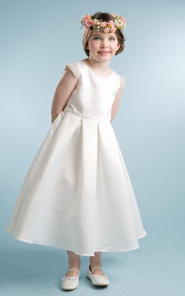 Tea-Length Pleated Cap-Sleeve Satin Flower Girl Dress