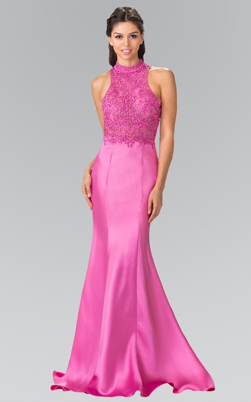 Mermaid High Neck Satin Keyhole Dress With Cascading Ruffles And Appliques