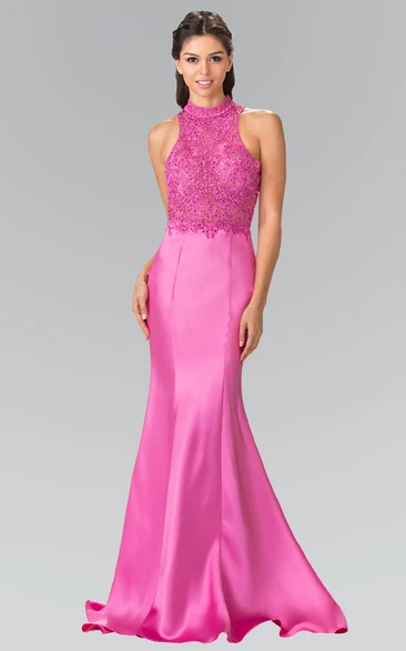 Mermaid High Neck Satin Keyhole Dress With Cascading Ruffles And Appliques