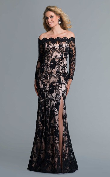 Sheath Maxi Off-The-Shoulder Long Sleeve Lace Zipper Dress With Split Front