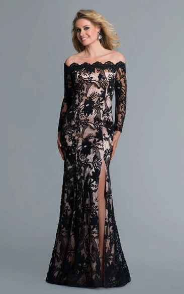 Sheath Maxi Off-The-Shoulder Long Sleeve Lace Zipper Dress With Split Front