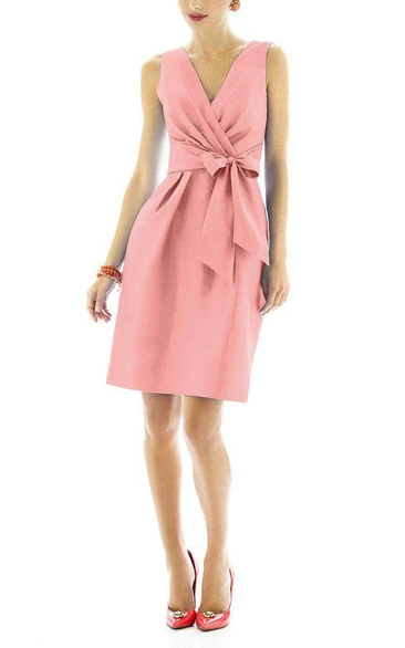 Ruched V-neck Short Satin Dress with Bow