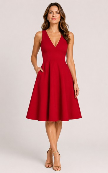 A-Line Knee-Length V-Neck Satin Wedding Guest Dress with Pockets