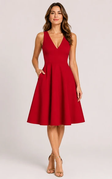 A-Line Knee-Length V-Neck Satin Wedding Guest Dress with Pockets