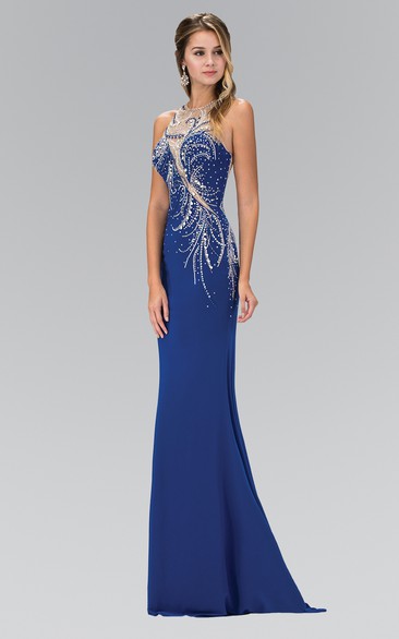 Sheath Maxi Jewel-Neck Sleeveless Jersey Illusion Dress With Beading