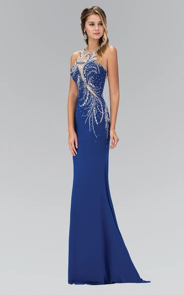 Sheath Maxi Jewel-Neck Sleeveless Jersey Illusion Dress With Beading