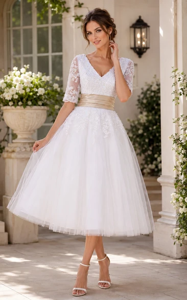 Half-Sleeve V-Neck Tea-Length Dress With Tulle Overlay