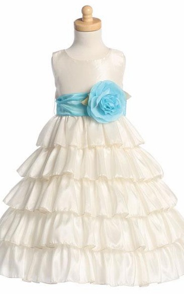 Ankle-Length Tiered Taffeta Flower Girl Dress