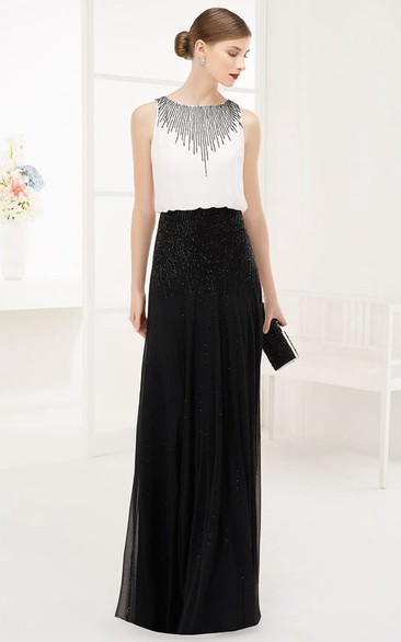 Bateau Sleeveless Chiffon Long Prom Dress With Sequins And Back Keyhole