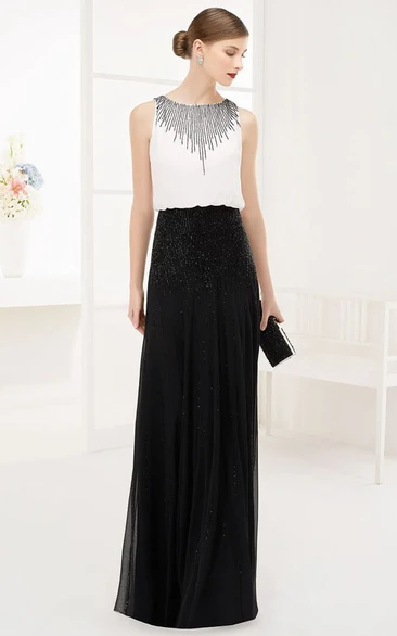 Bateau Sleeveless Chiffon Long Prom Dress With Sequins And Back Keyhole