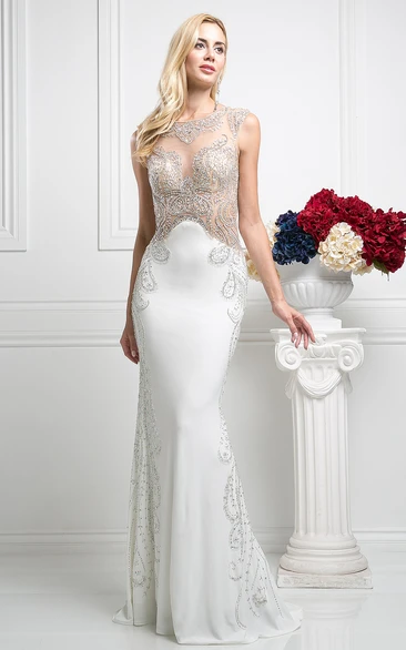 Sheath Long Bateau Sleeveless Jersey Illusion Dress With Beading