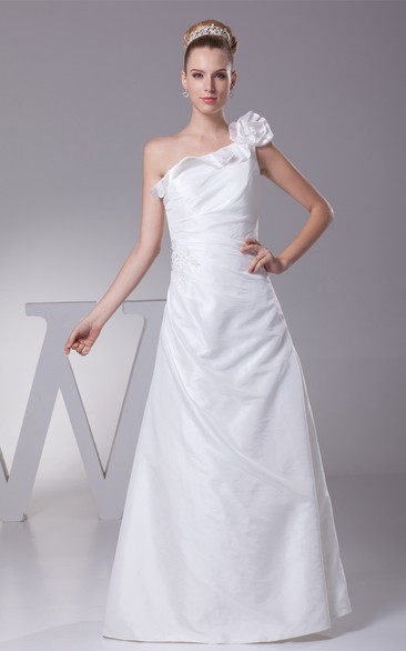 One-Shoulder A-Line Ruched Floral Strap and Gown With Appliques