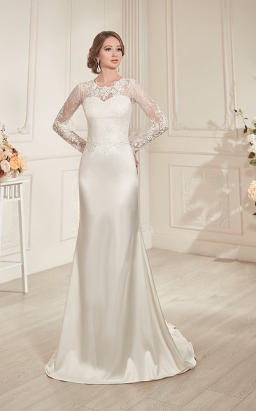Sheath Long Jewel-Neck Illusion-Sleeve Lace-Up Satin Mother Of Bride Dress With Keyhole