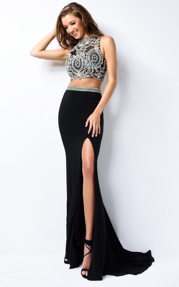 Two-Piece Sheath Jewel-Neck Sleeveless Jersey Keyhole Dress With Beading And Split Front