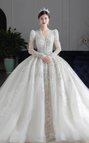 Luxury Long Sleeve Ball Gown Beaded Illusion Princess Wedding Dress