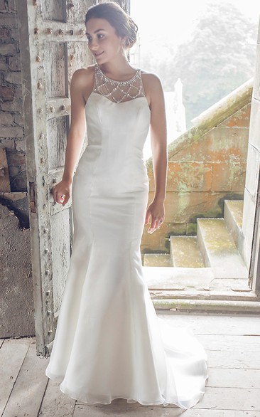 Maxi Scoop Beaded Satin Wedding Dress With Sweep Train And Illusion